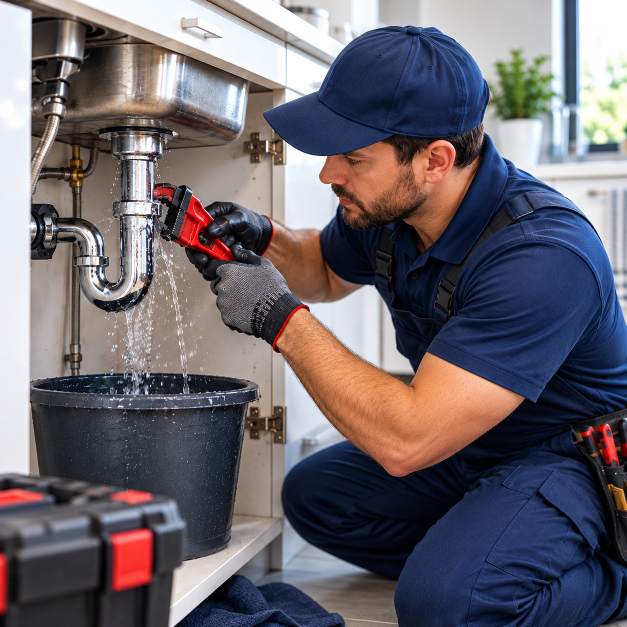 Emergency plumber fixing burst pipe